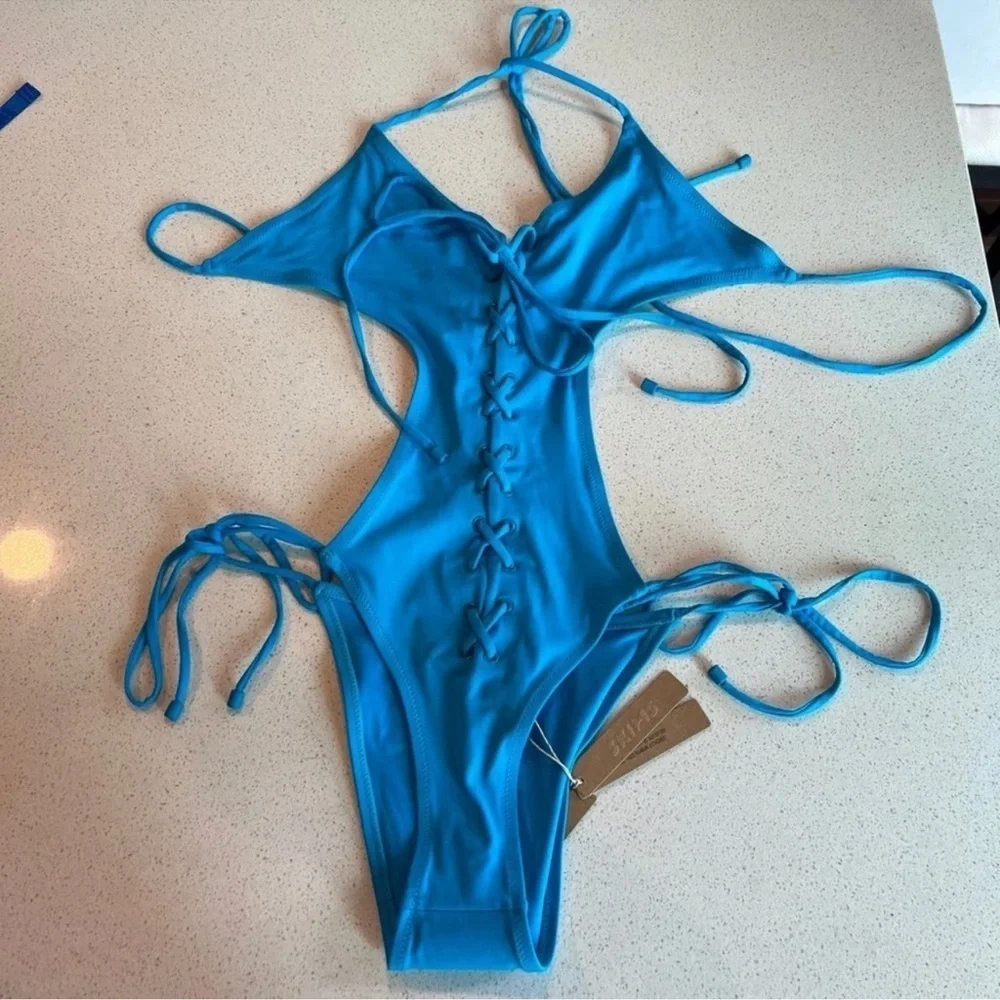 SKIMS (B13) 1 Piece Cut Out Halter ties lace up Monokini Swimsuit Turquoise 2X…